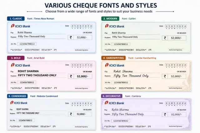 Various cheque printing font styles and customized crossing options